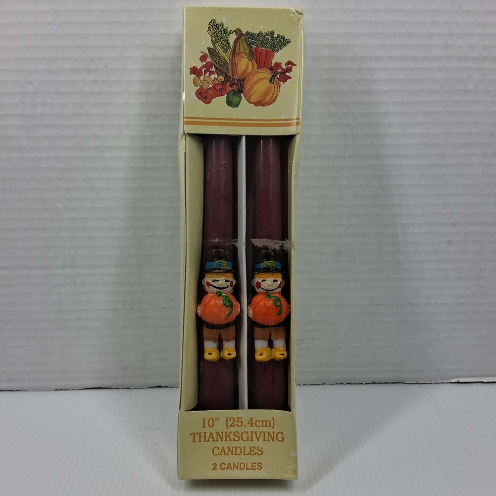Vintage 10" Thanksgiving‎ Taper Candles Set of 2 Pilgrim Boy Pumpkin Burgundy